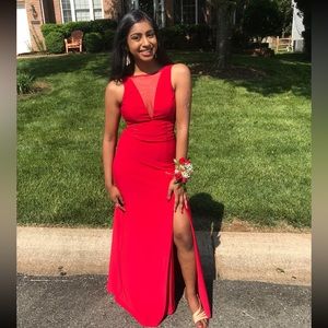 Red Gown with Mesh Inserts at Chest